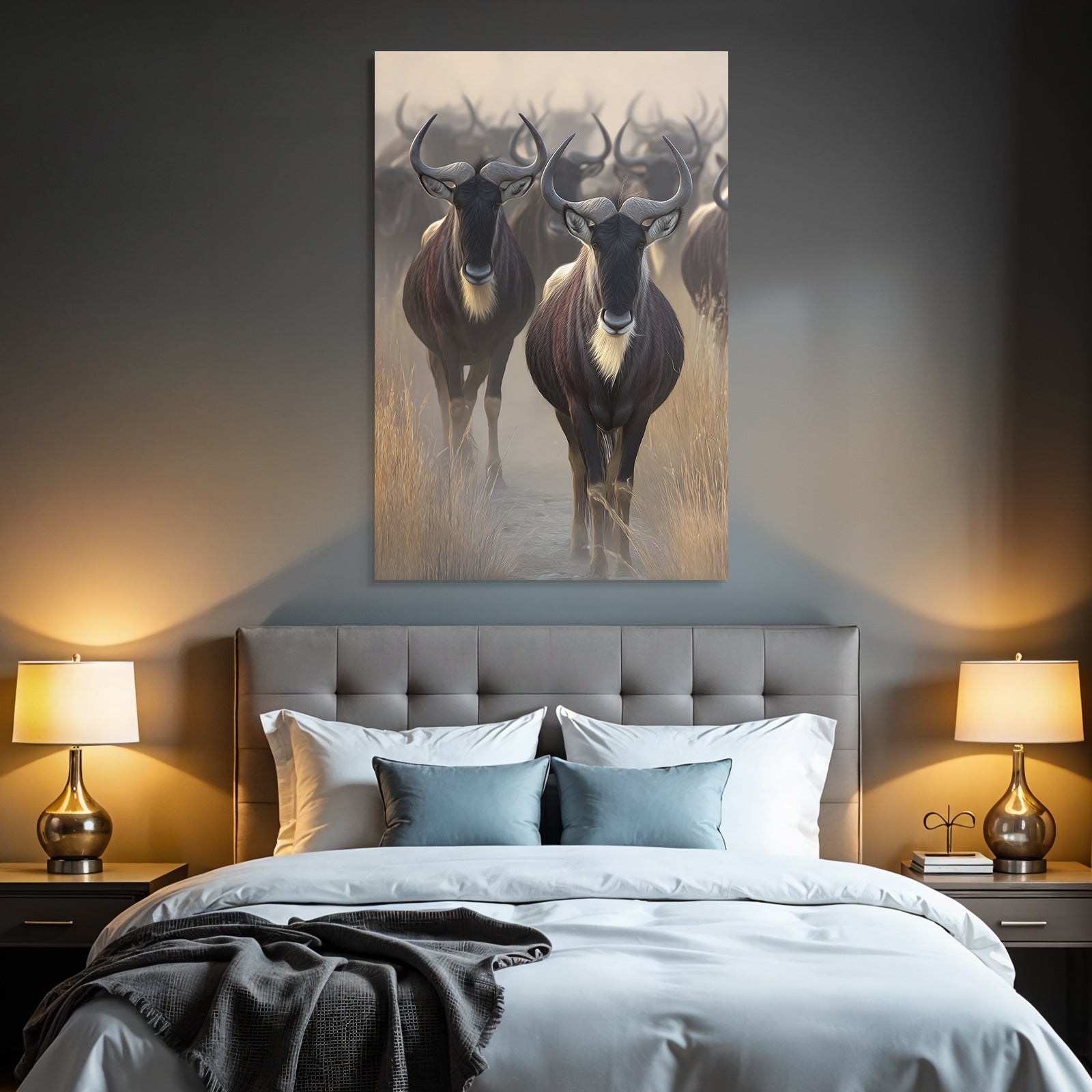 Wildebeests In Natur Setting Misty African Savanna