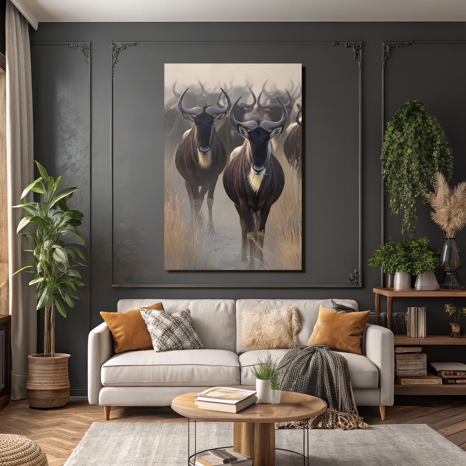 Wildebeests In Natur Setting Misty African Savanna