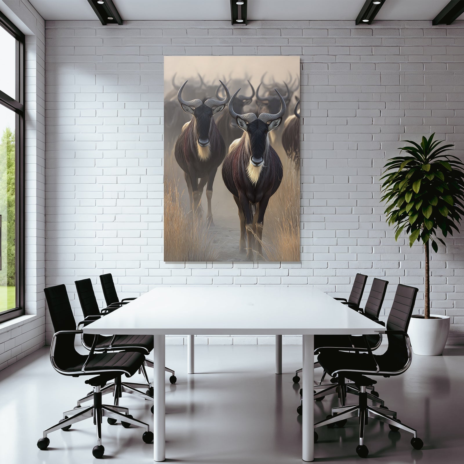 Wildebeests In Natur Setting Misty African Savanna
