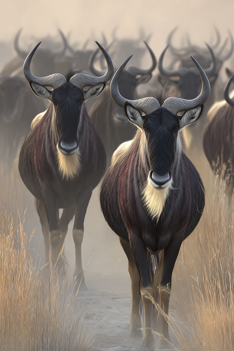 Wildebeests In Natur Setting Misty African Savanna | Safari und Wildtiere | Tiere