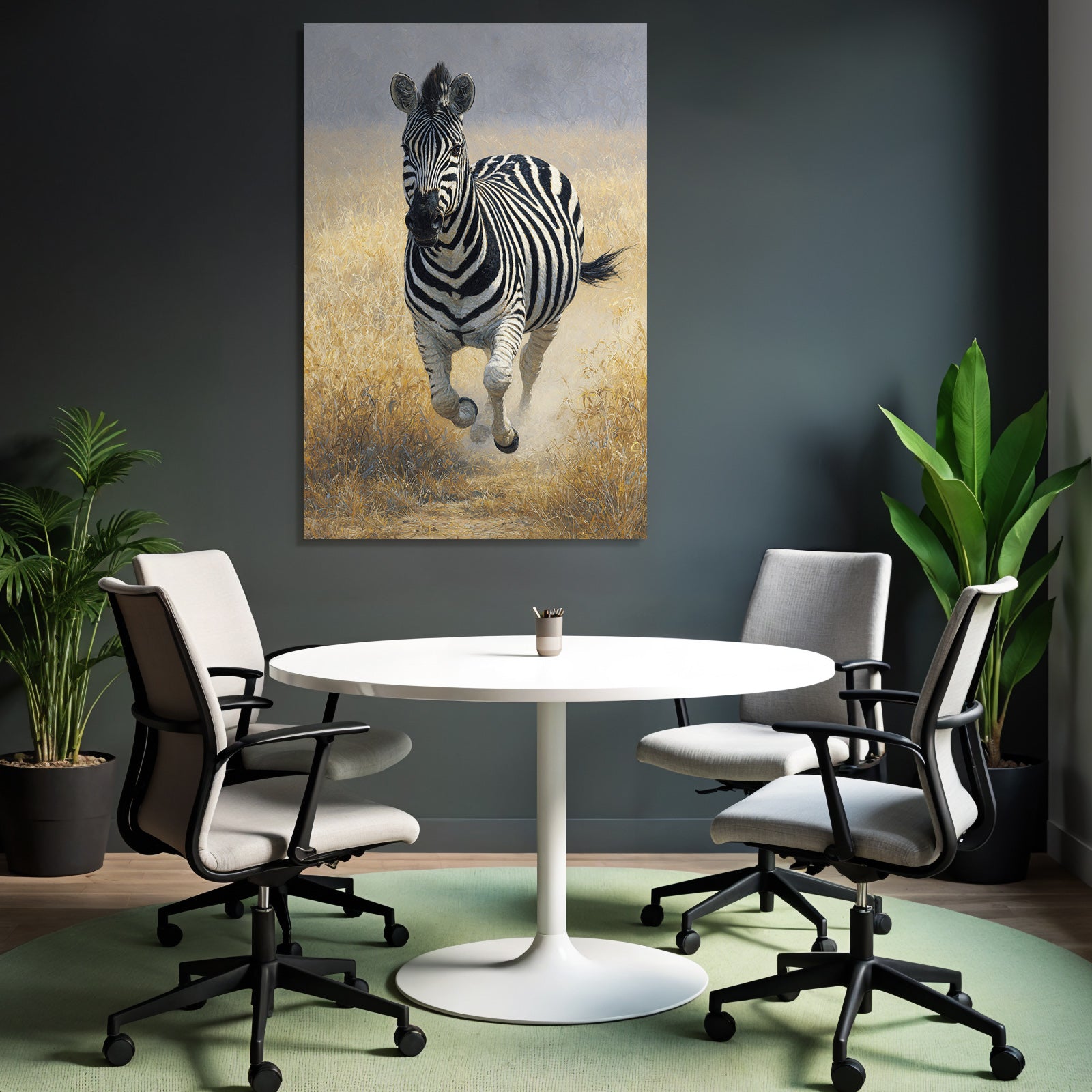 Zebra runs through a green landscape with dry grass