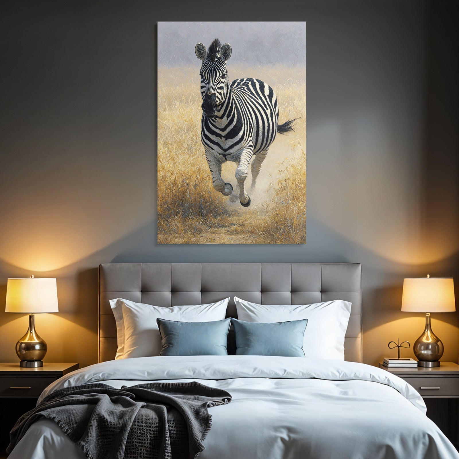 Zebra runs through a green landscape with dry grass