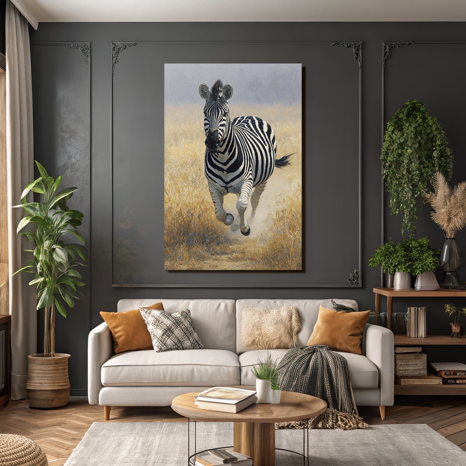 Zebra runs through a green landscape with dry grass