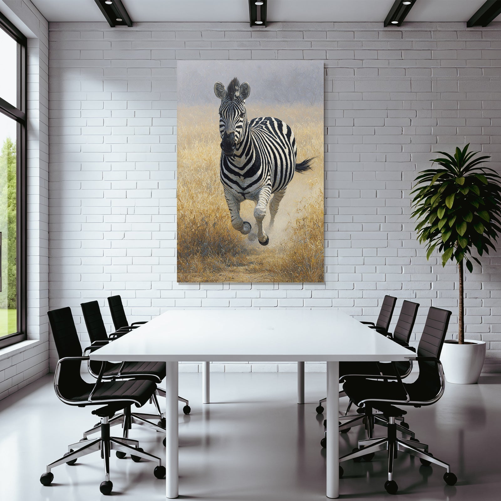 Zebra runs through a green landscape with dry grass
