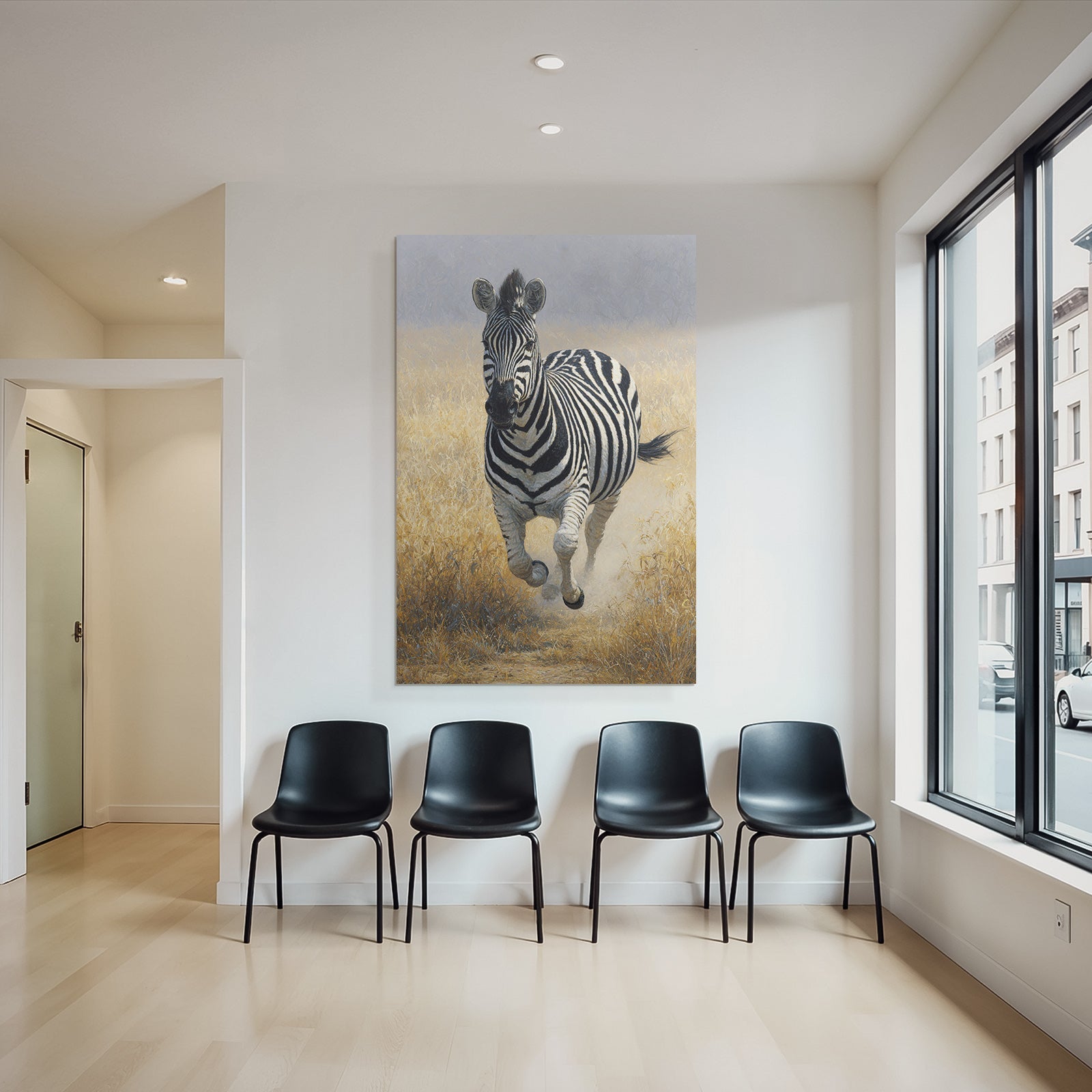 Zebra runs through a green landscape with dry grass