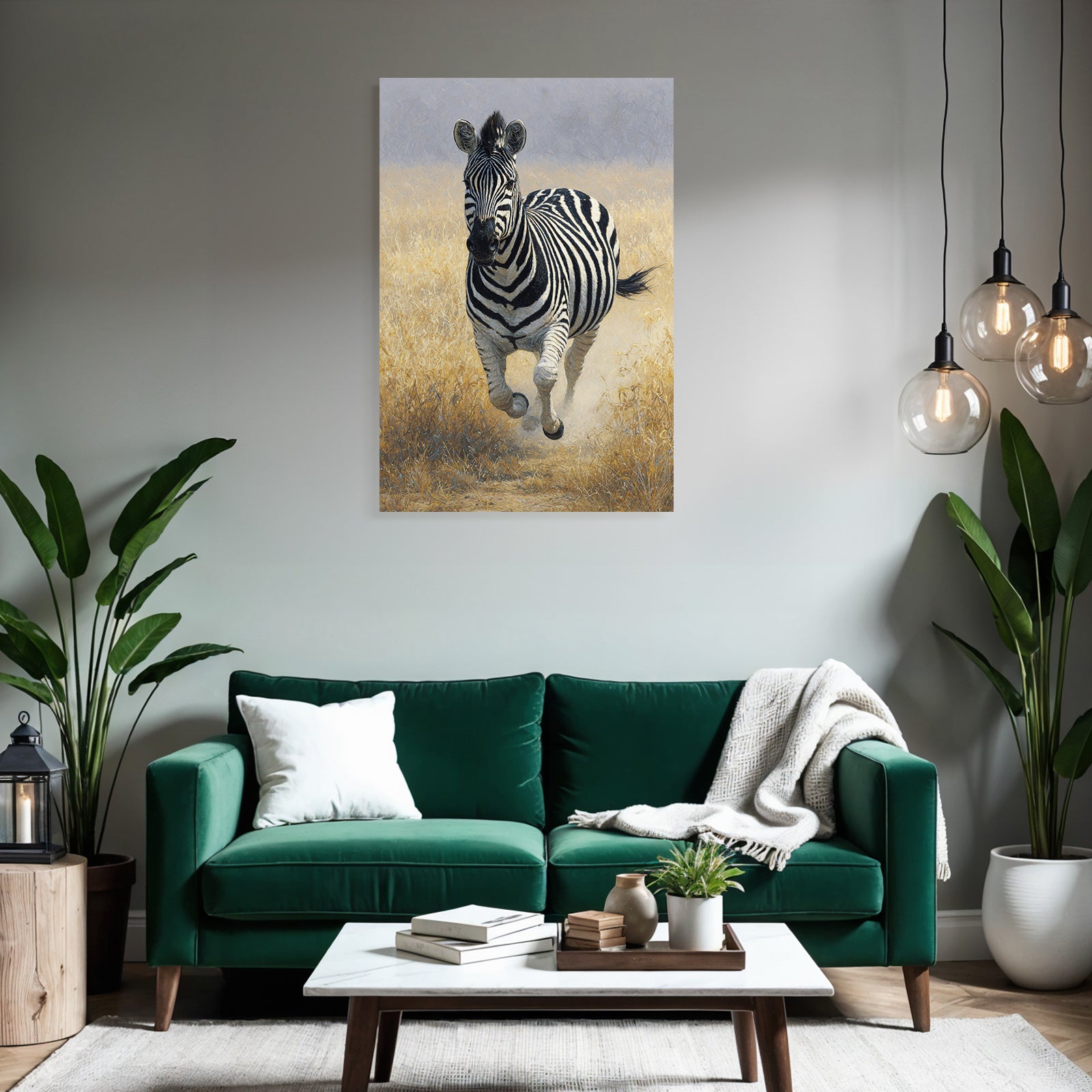 Zebra runs through a green landscape with dry grass