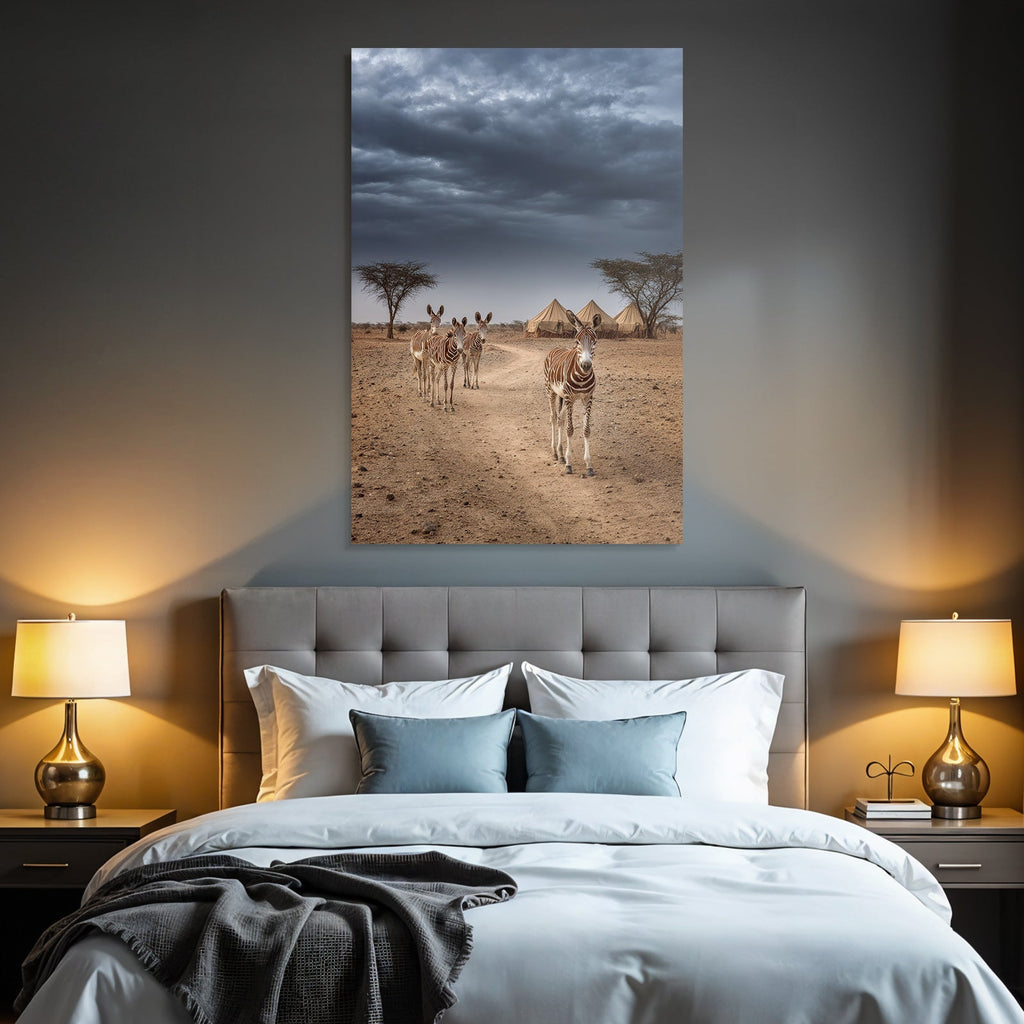 Zebras on the dusty path with tent camp and dramatic sky