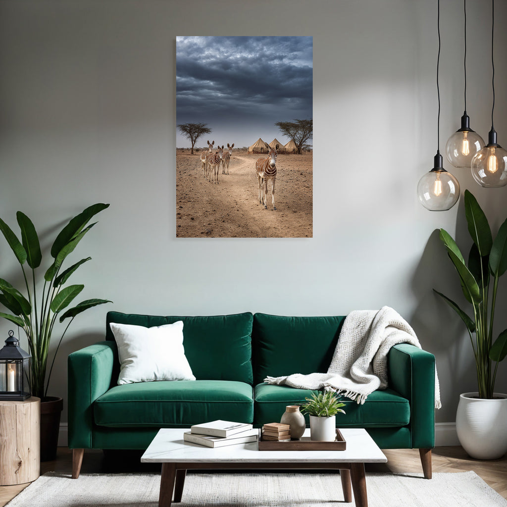 Zebras on the dusty path with tent camp and dramatic sky