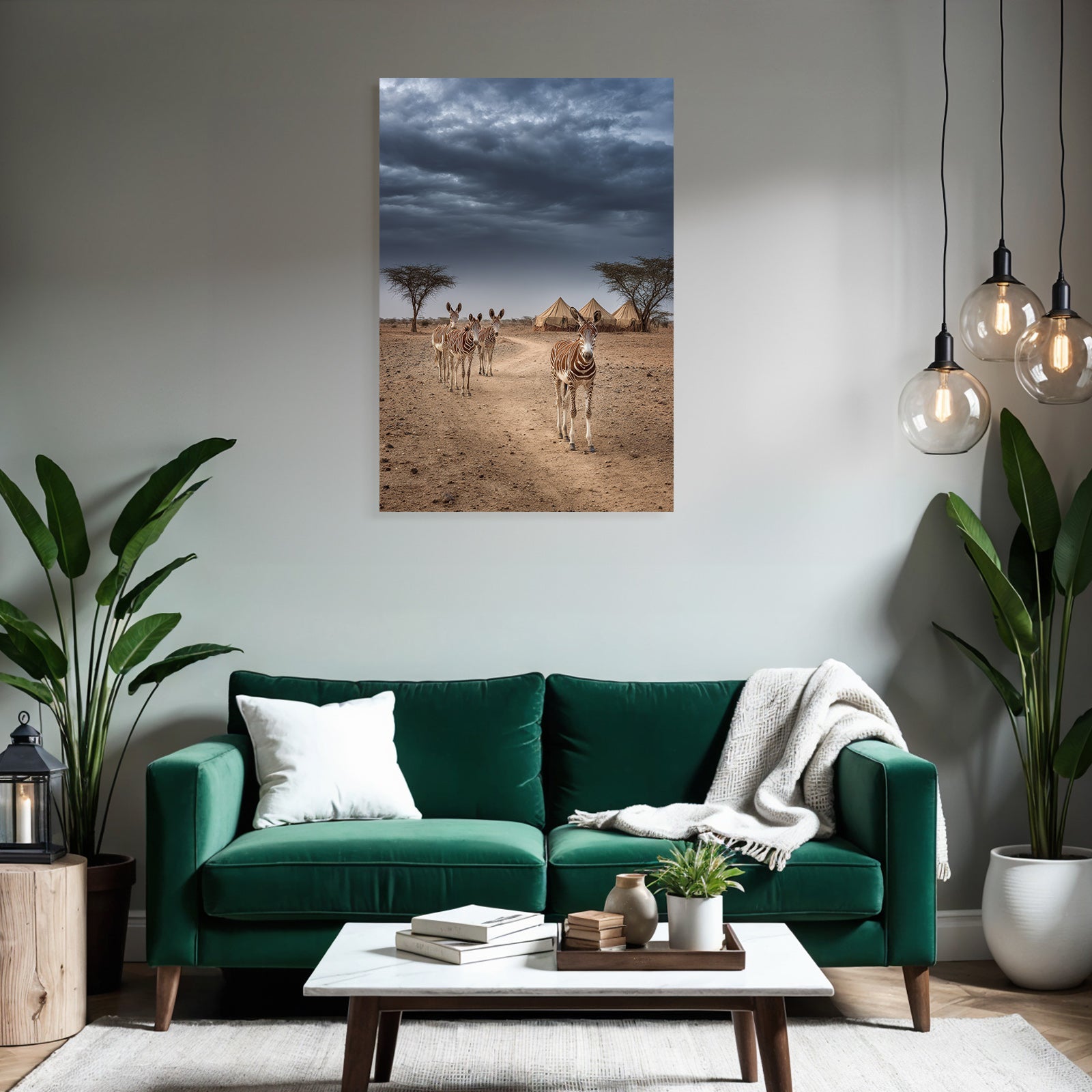 Zebras on the dusty path with tent camp and dramatic sky