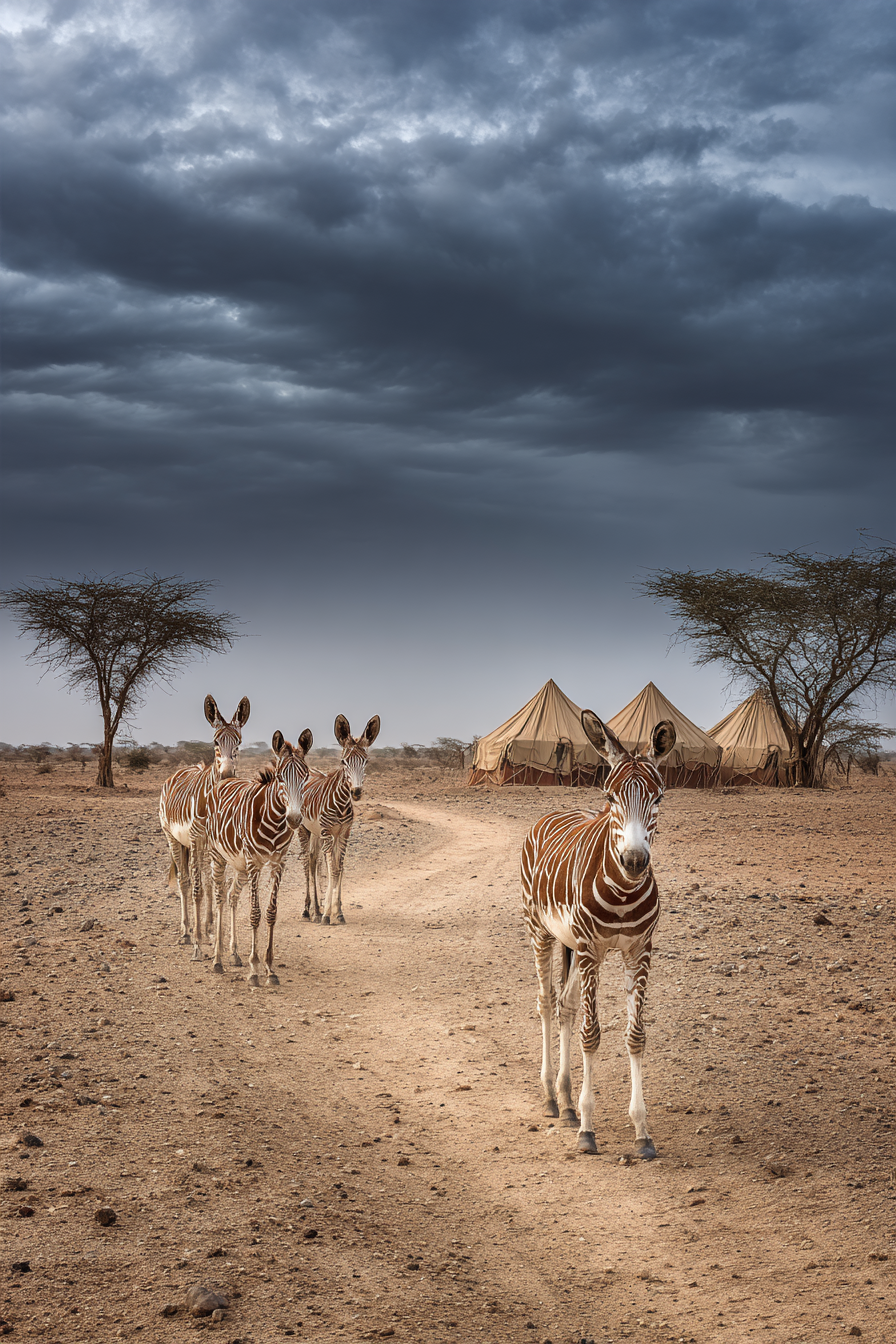Zebras Auf Dem Dustigen Pfads Mit Zeltlager Und Dratischen Himmel | Safari und Wildtiere | Tiere
