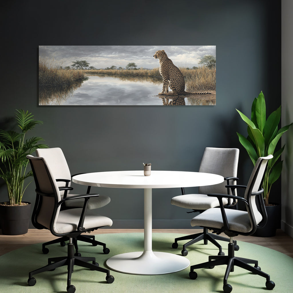 Cheetah Am Wasser Mit Reflektion Und Savanne Himmel