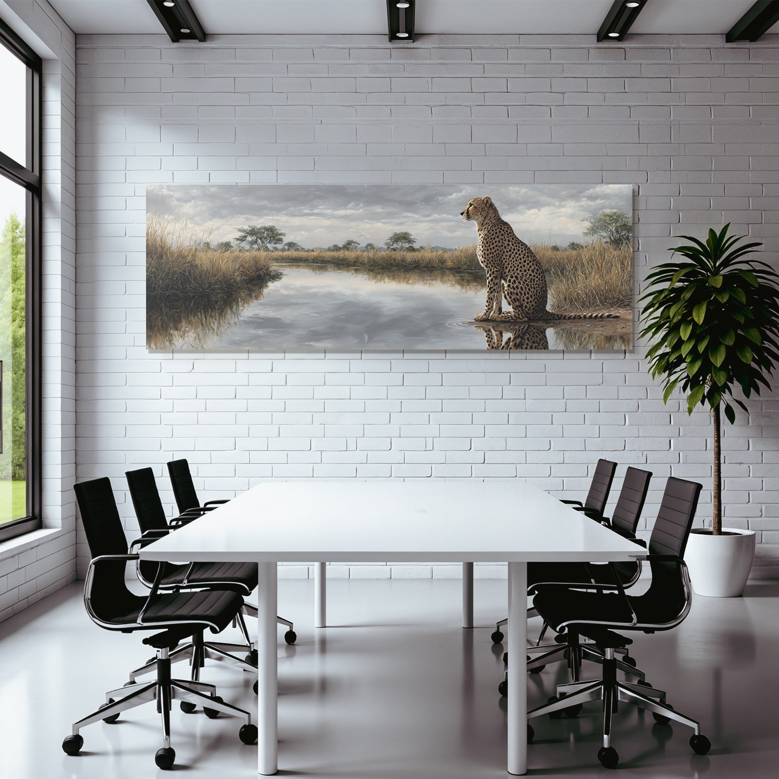 Cheetah Am Wasser Mit Reflektion Und Savanne Himmel