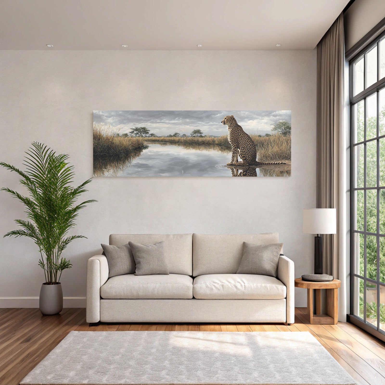 Cheetah Am Wasser Mit Reflektion Und Savanne Himmel