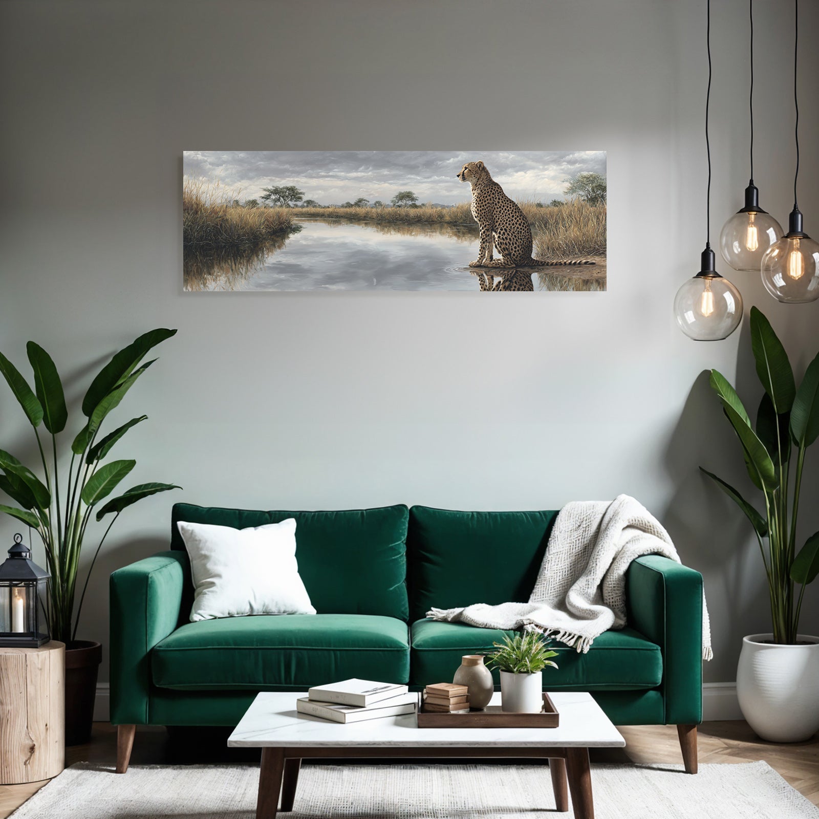 Cheetah Am Wasser Mit Reflektion Und Savanne Himmel