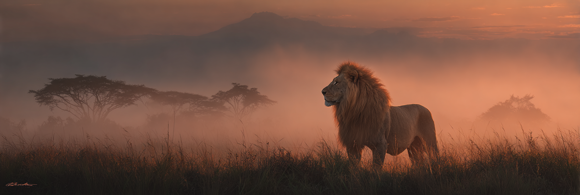 Dramatische Landschaft Löwe In Nebel Bei Sonnenuntergang | Safari und Wildtiere | Tiere