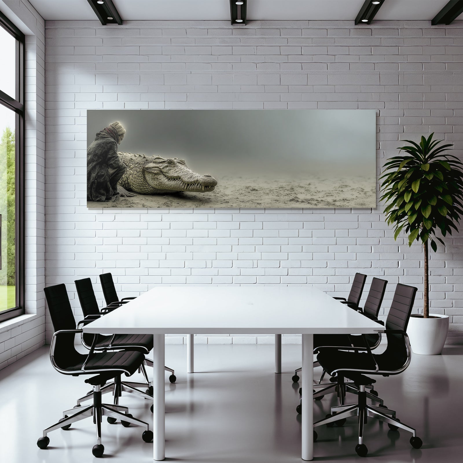 Einsame Figur Neben Einem Crocodile In Einer Braunen Landschaft
