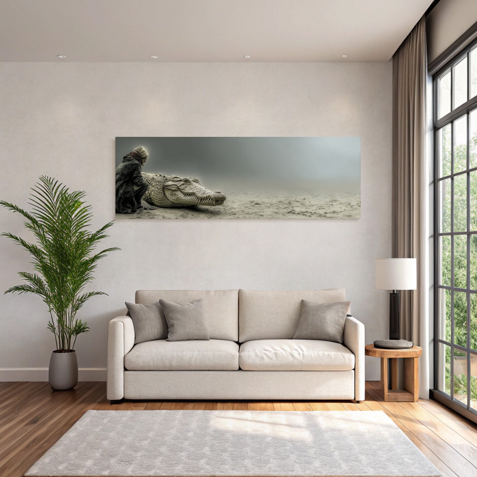 Einsame Figur Neben Einem Crocodile In Einer Braunen Landschaft