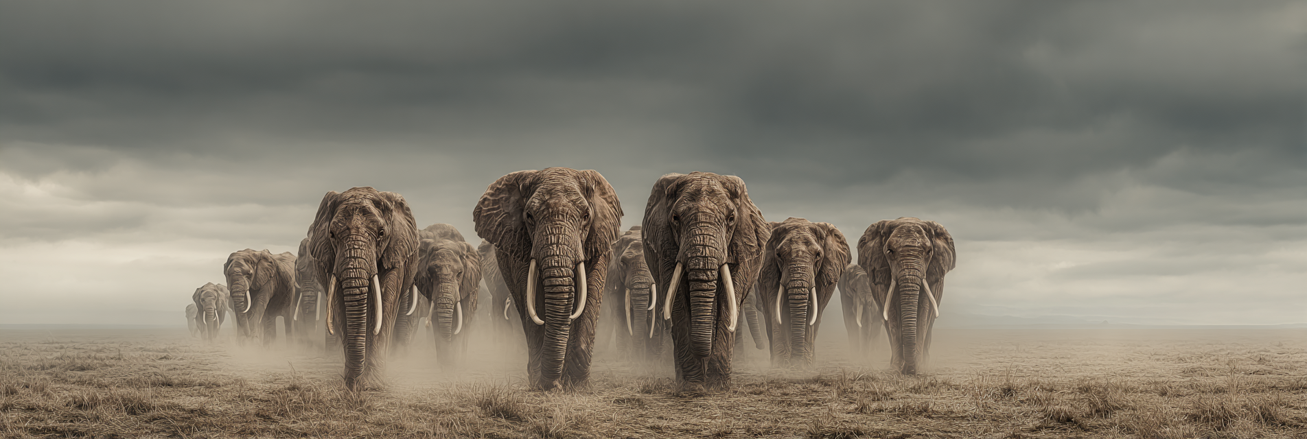 Elefanten Auf Der Trockenen Landlandschaft Unter Dem Wolkigen Himmel | Safari und Wildtiere | Tiere