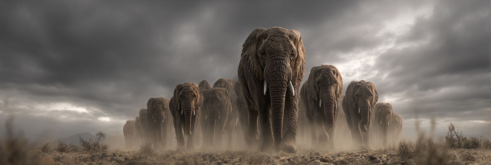 Elefanten Durch Das Staubige Landschaft Unter Einem Dramatischen Himmel | Safari und Wildtiere | Tiere
