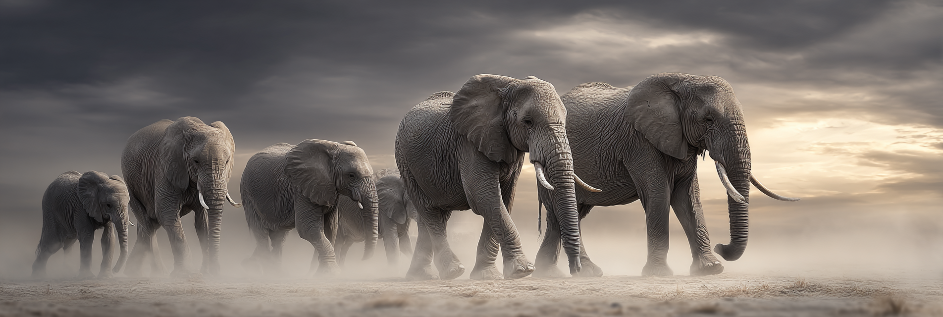 Elefanten Durch Matschige Umgebung Bei Sonnenaufgang Oder Sonnenuntergang | Safari und Wildtiere | Tiere