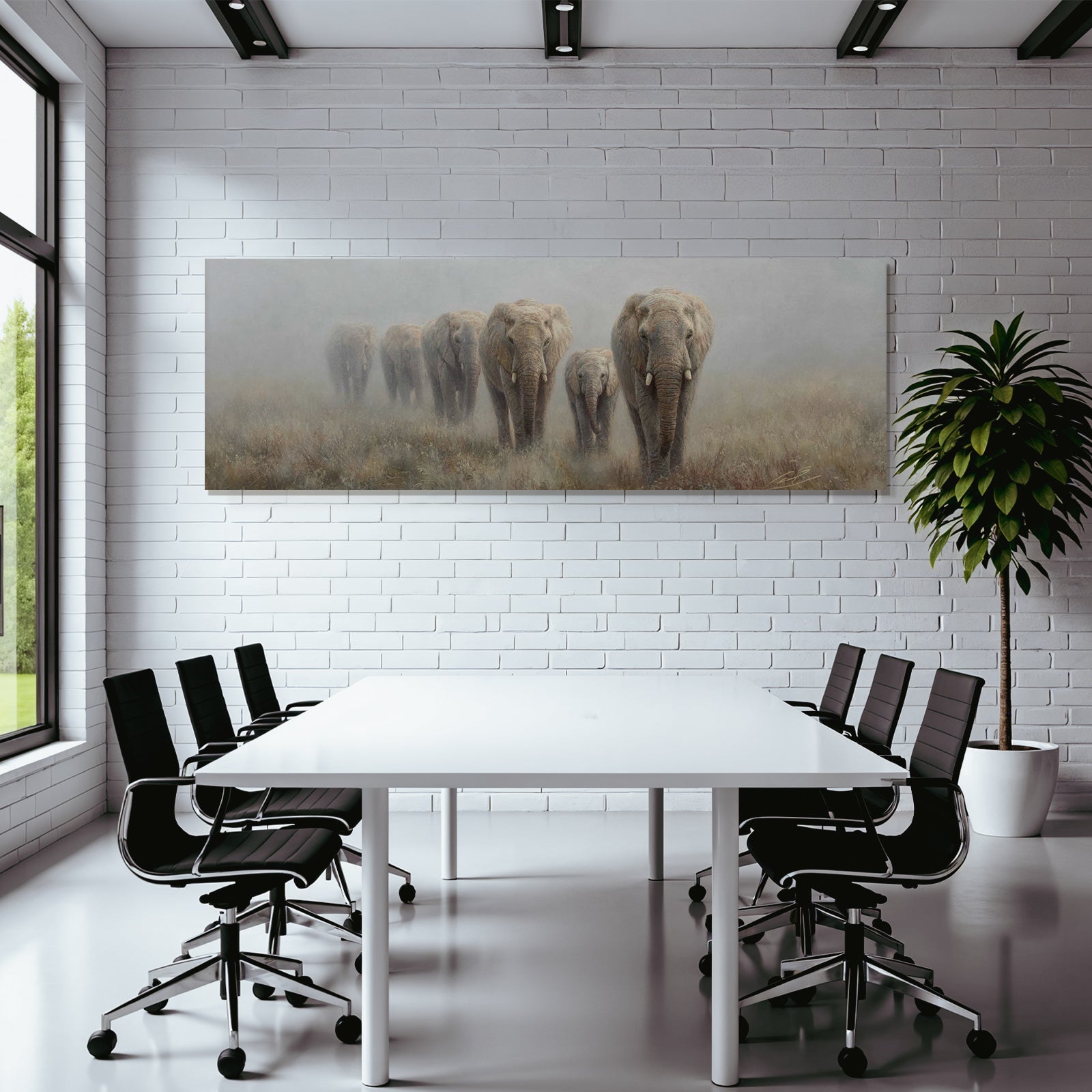 Elefanten Durch Neblige Landlandschaft Majestätische Präsenz