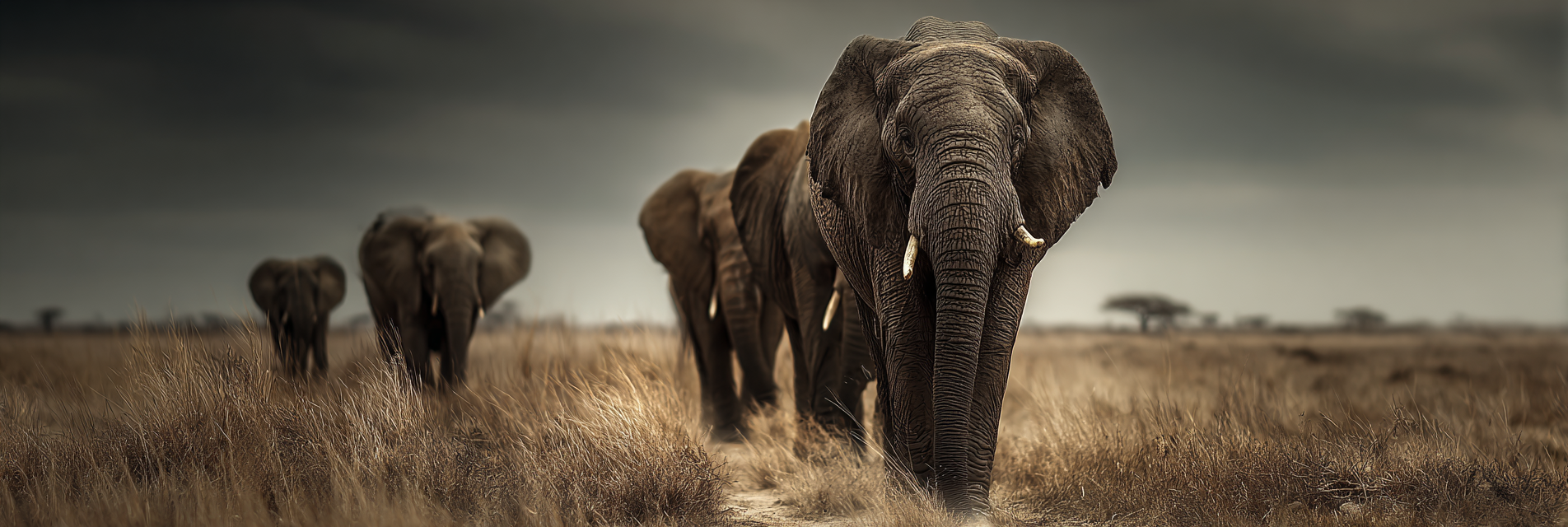 Elefanten Im Grünen Landscape Unter Einem Bewölkten Himmel | Safari und Wildtiere | Tiere