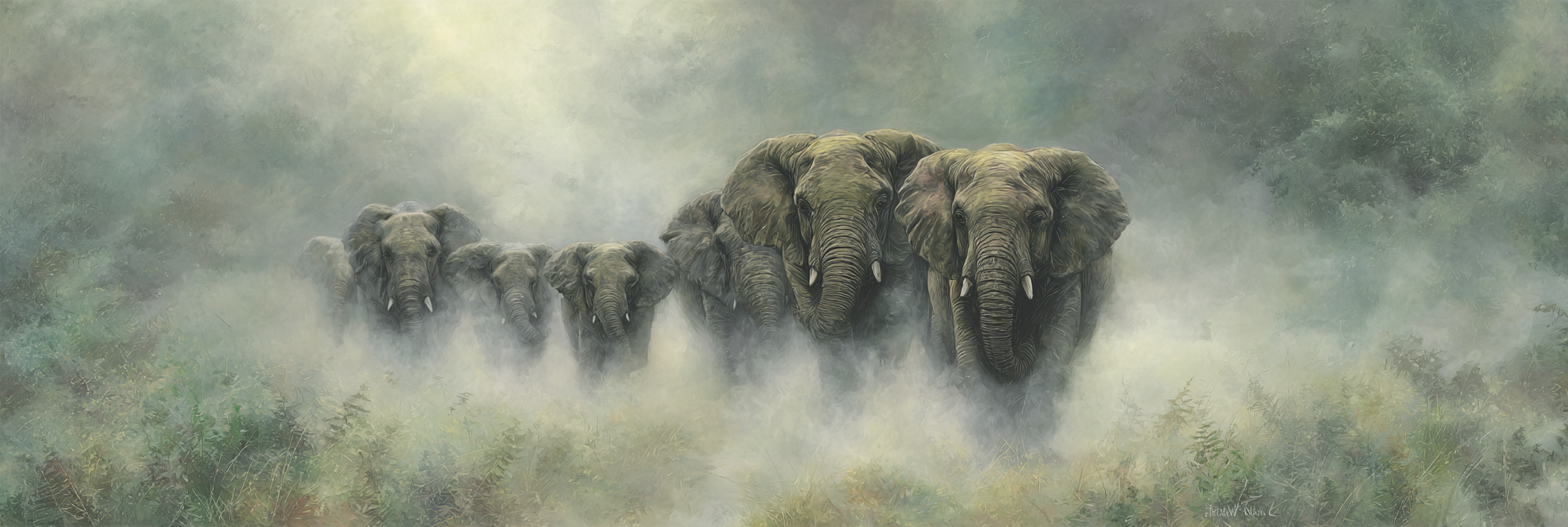 Elefanten Im Nebel Mistige Landschaft Ruhige Atmosphäre | Safari und Wildtiere | Tiere