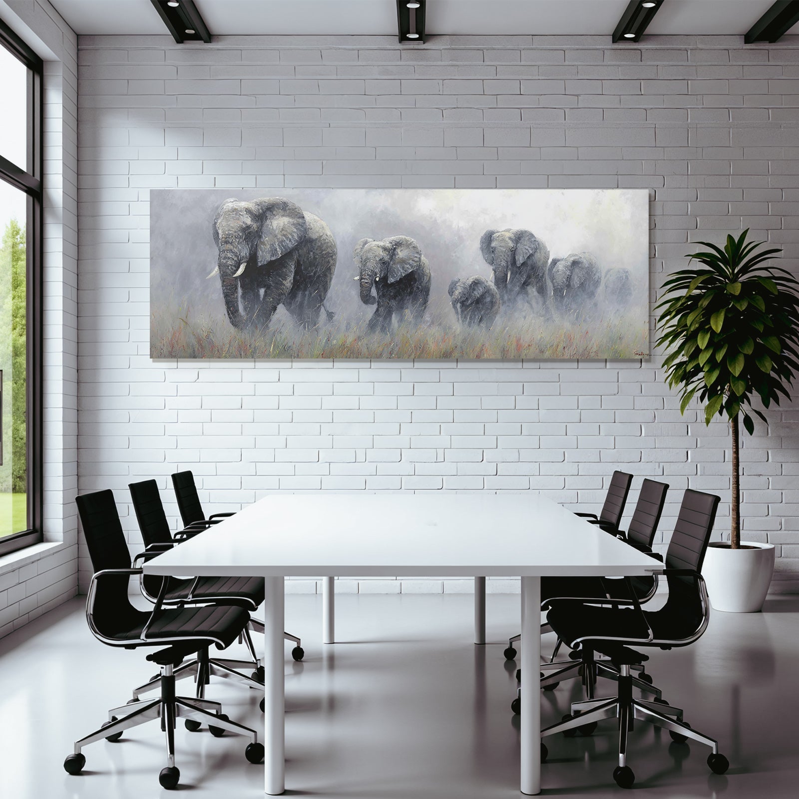Elefanten Im Nebelhafte Landschaft Semi Realistisch
