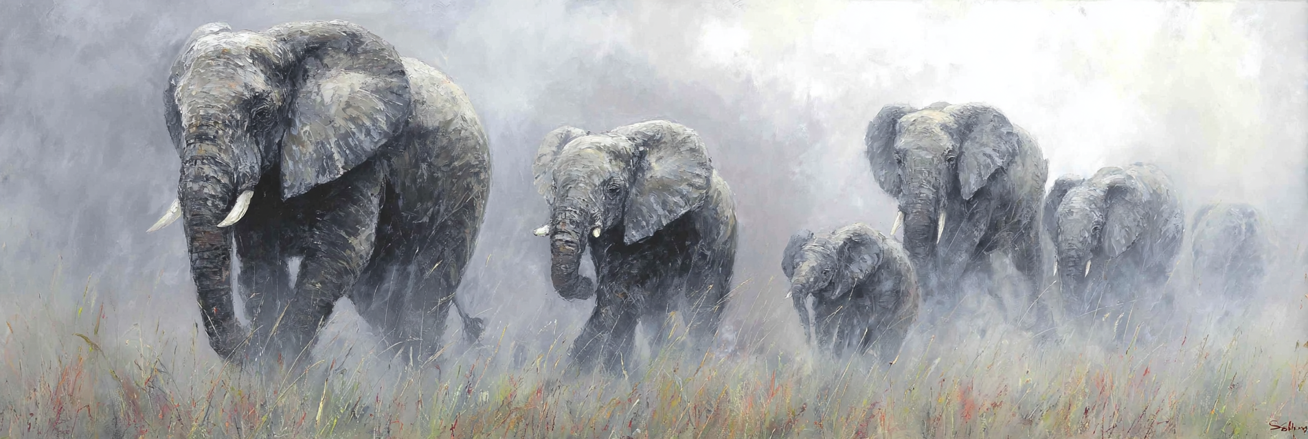 Elefanten Im Nebelhafte Landschaft Semi Realistisch | Safari und Wildtiere | Tiere