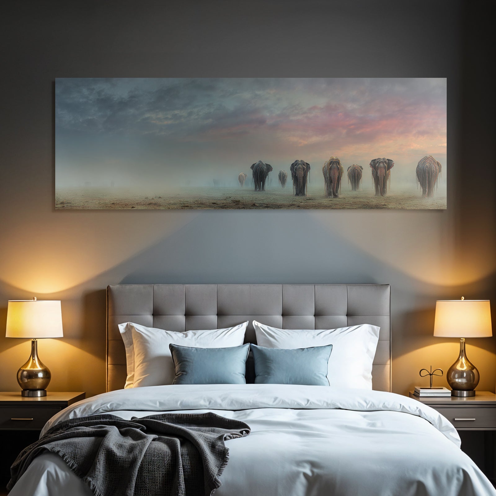 Elefanten Im Nebligen Landschaft Horizont Im Dawn Oderdusk