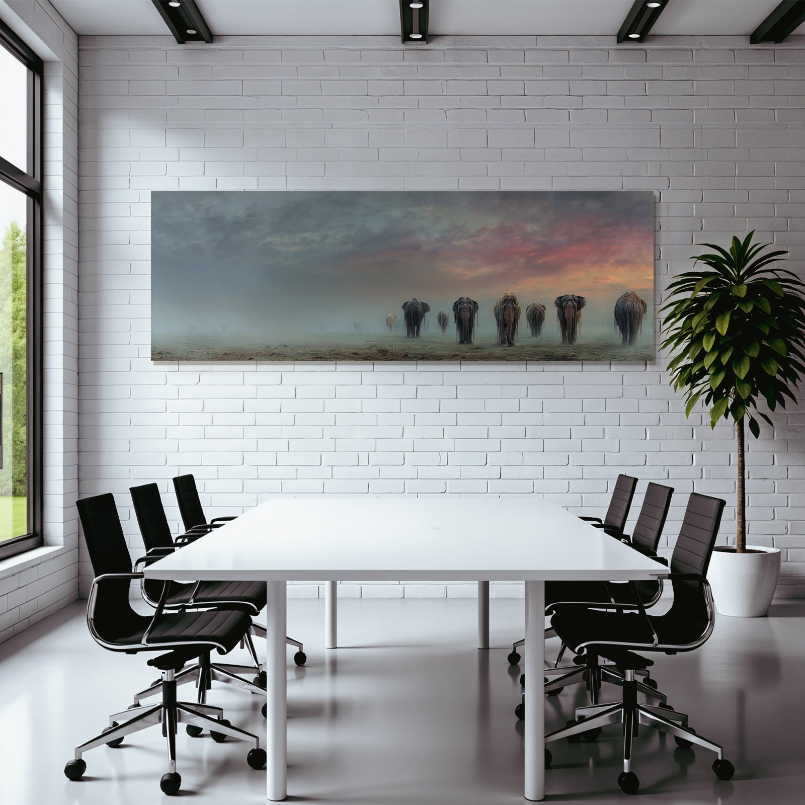 Elefanten Im Nebligen Landschaft Horizont Im Dawn Oderdusk