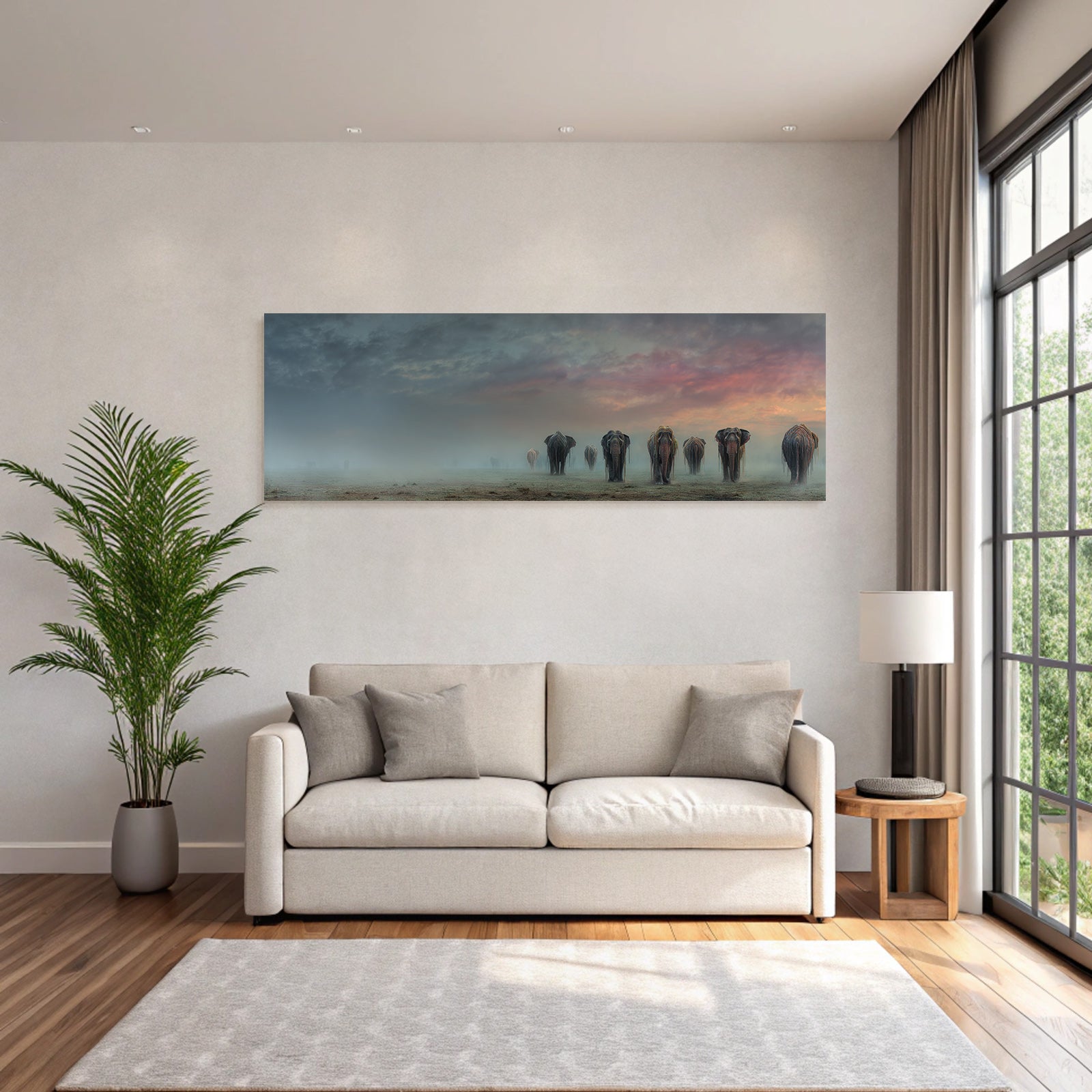 Elefanten Im Nebligen Landschaft Horizont Im Dawn Oderdusk