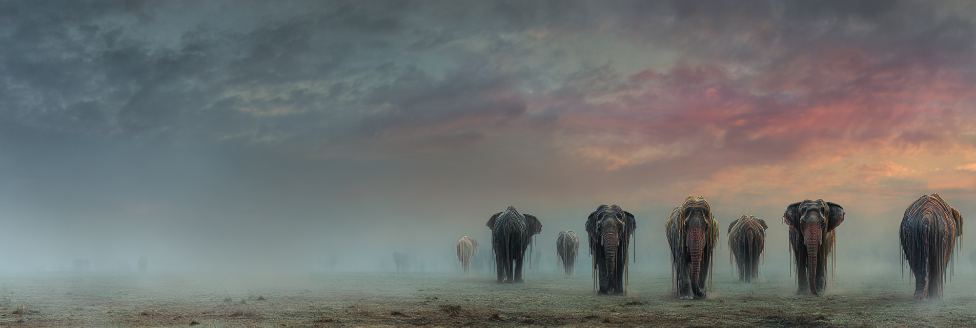 Elefanten Im Nebligen Landschaft Horizont Im Dawn Oderdusk | Safari und Wildtiere | Tiere