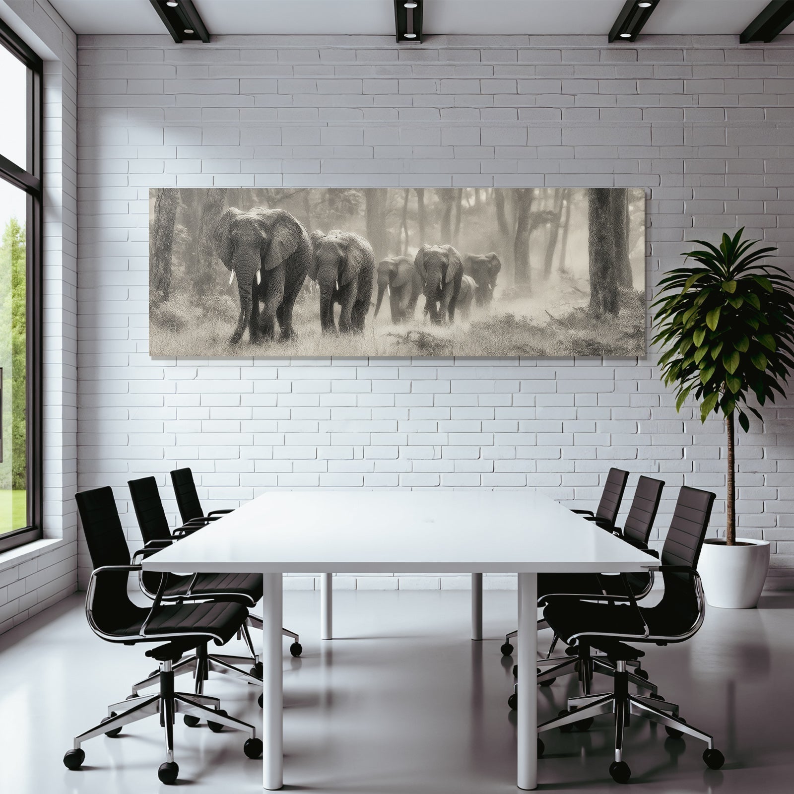 Elefanten Im Nebligen Wald Monochromatisch