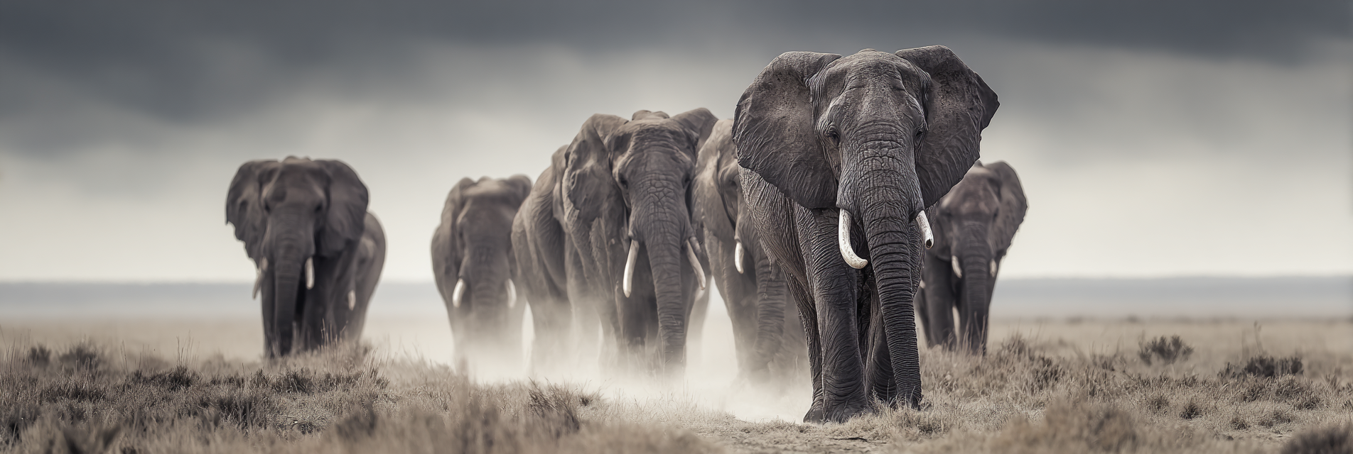 Elefanten Im Wilden Landschaft Mit Bewölktem Himmel | Safari und Wildtiere | Tiere