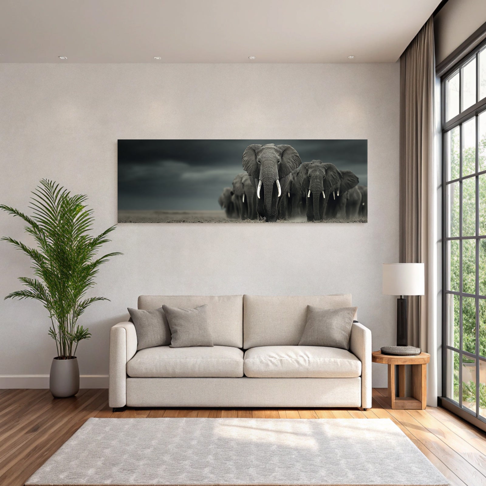 Elefanten In Der Natur Dramatische Stimmung Mit Dunklen Wolken
