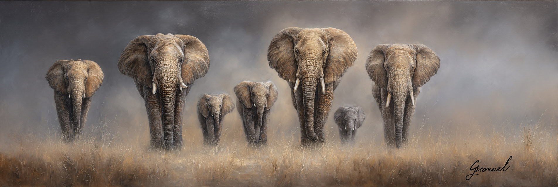 Elefanten In Der Savanne Mit Mistigem Hintergrund | Safari und Wildtiere | Tiere