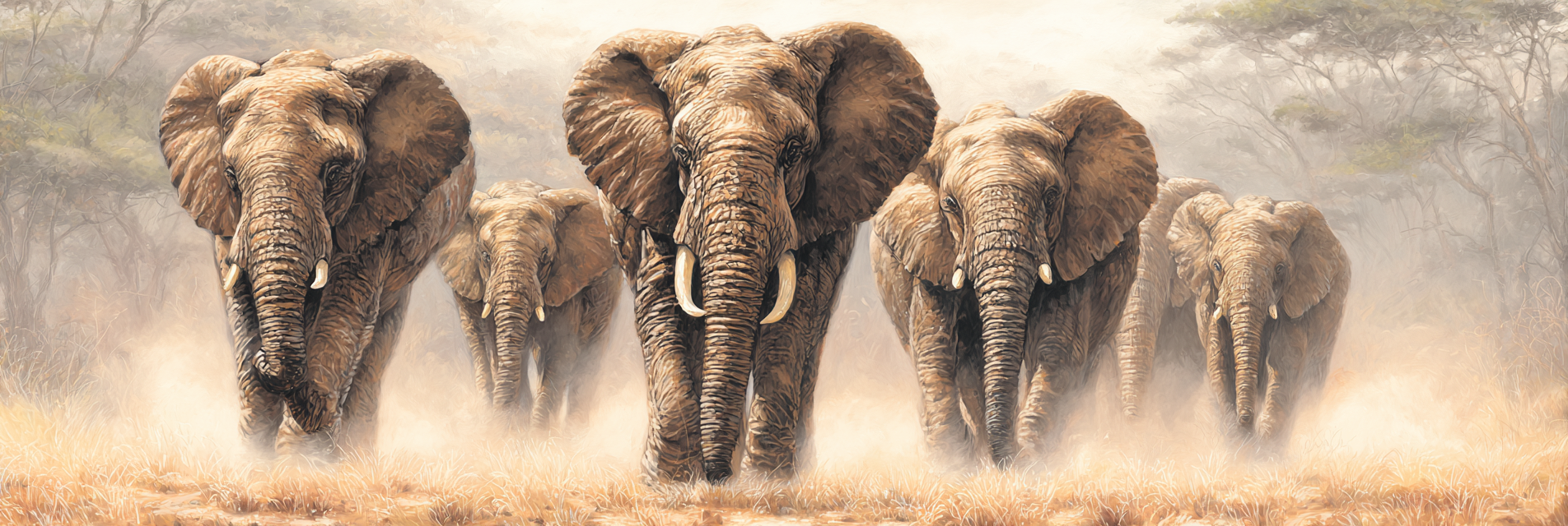 Elefanten In Der Savanne Mit Nebel Im Hintergrund | Safari und Wildtiere | Tiere