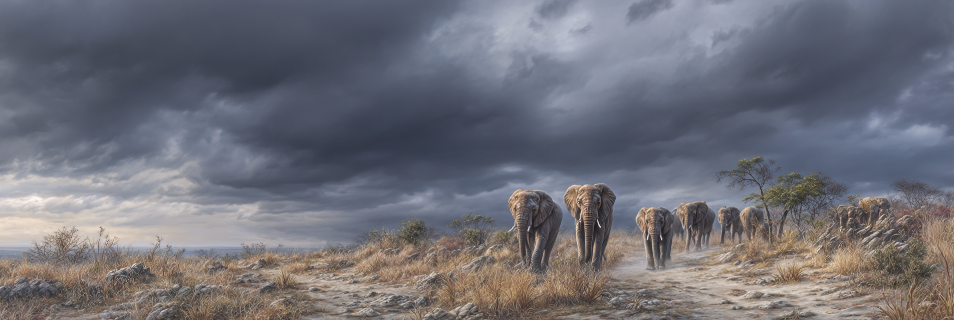 Elefanten In Der Savanne Unter Dunklen Wolken | Safari und Wildtiere | Tiere