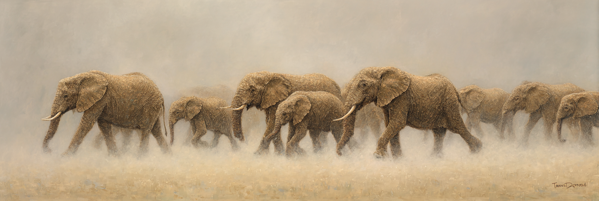 Elefanten In Nebliger Landschaft Mit Serenem Atmosphäre | Safari und Wildtiere | Tiere