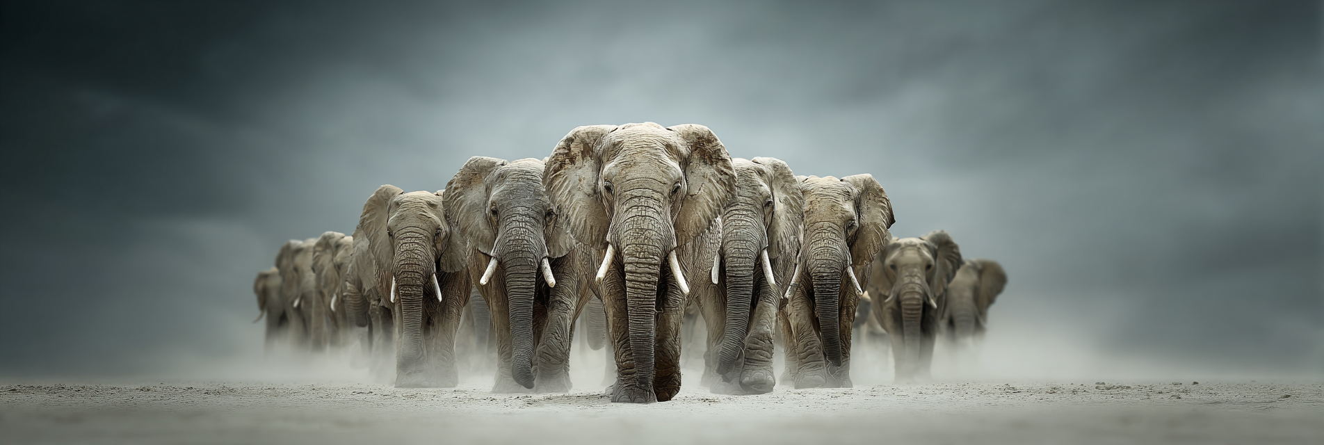 Elefanten In Reihe Im Nebligen Hintergrund | Safari und Wildtiere | Tiere