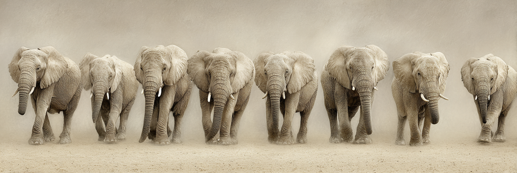 Elefanten In Reihe Mit Ausgestreckten Trunks In Dustiger Umgebung | Safari und Wildtiere | Tiere