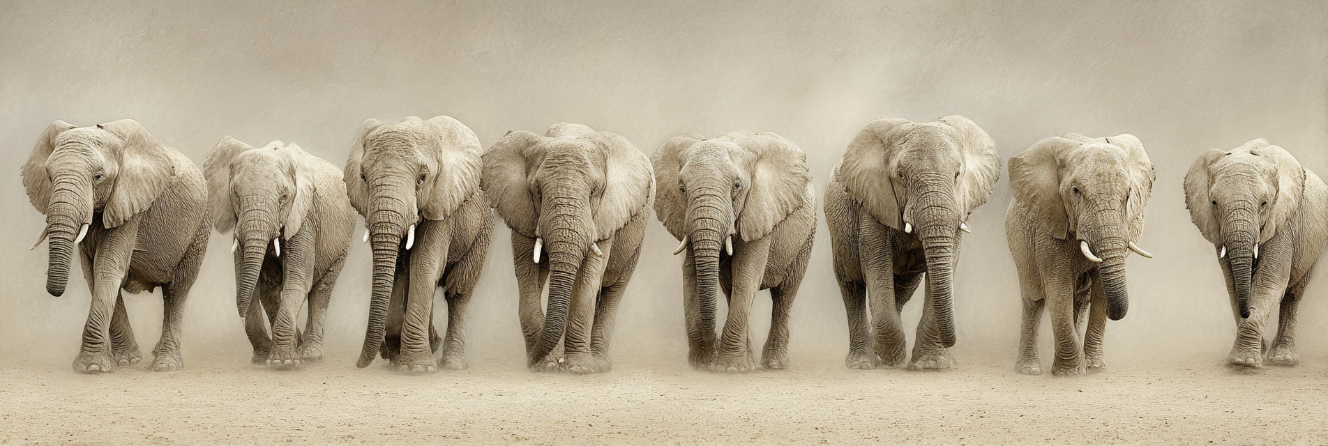 Elefanten In Reihe Mit Ausgestreckten Trunks In Dustiger Umgebung | Safari und Wildtiere | Tiere