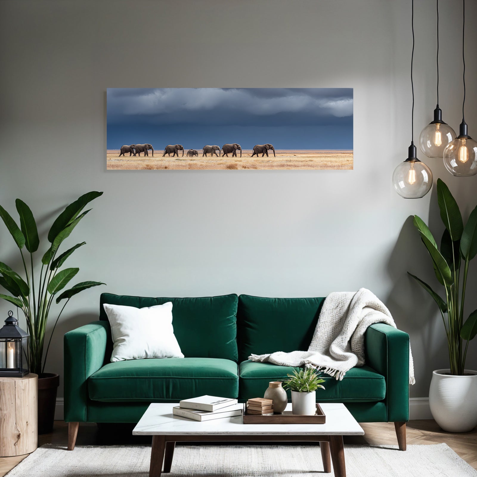Elefanten Schreiten Durch Eine Grüne Landschaft Unter Einem Dramatischen Himmel