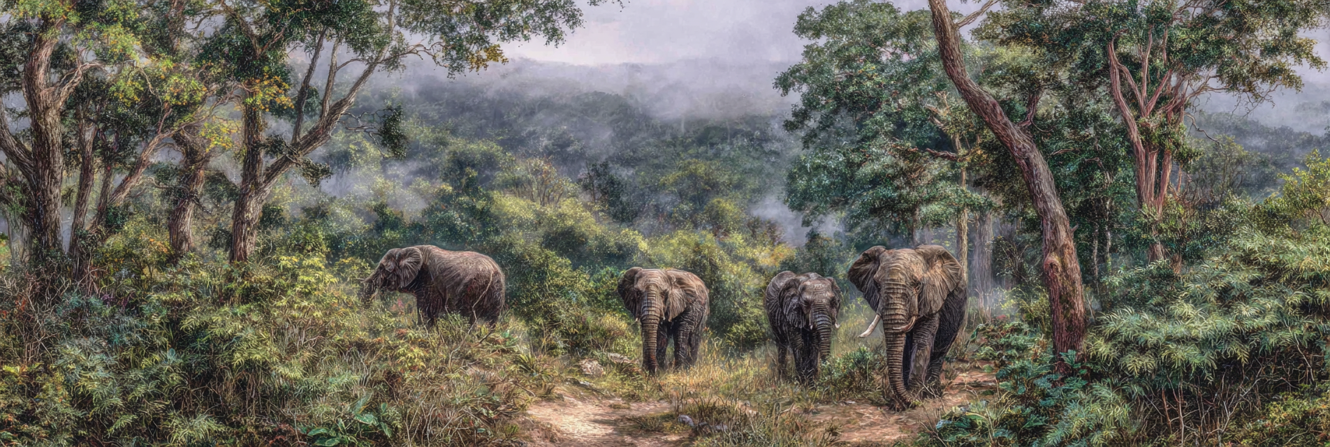 Elegante Elephantenhorde Im Dichten Wald Mit Nebel Background | Safari und Wildtiere | Tiere