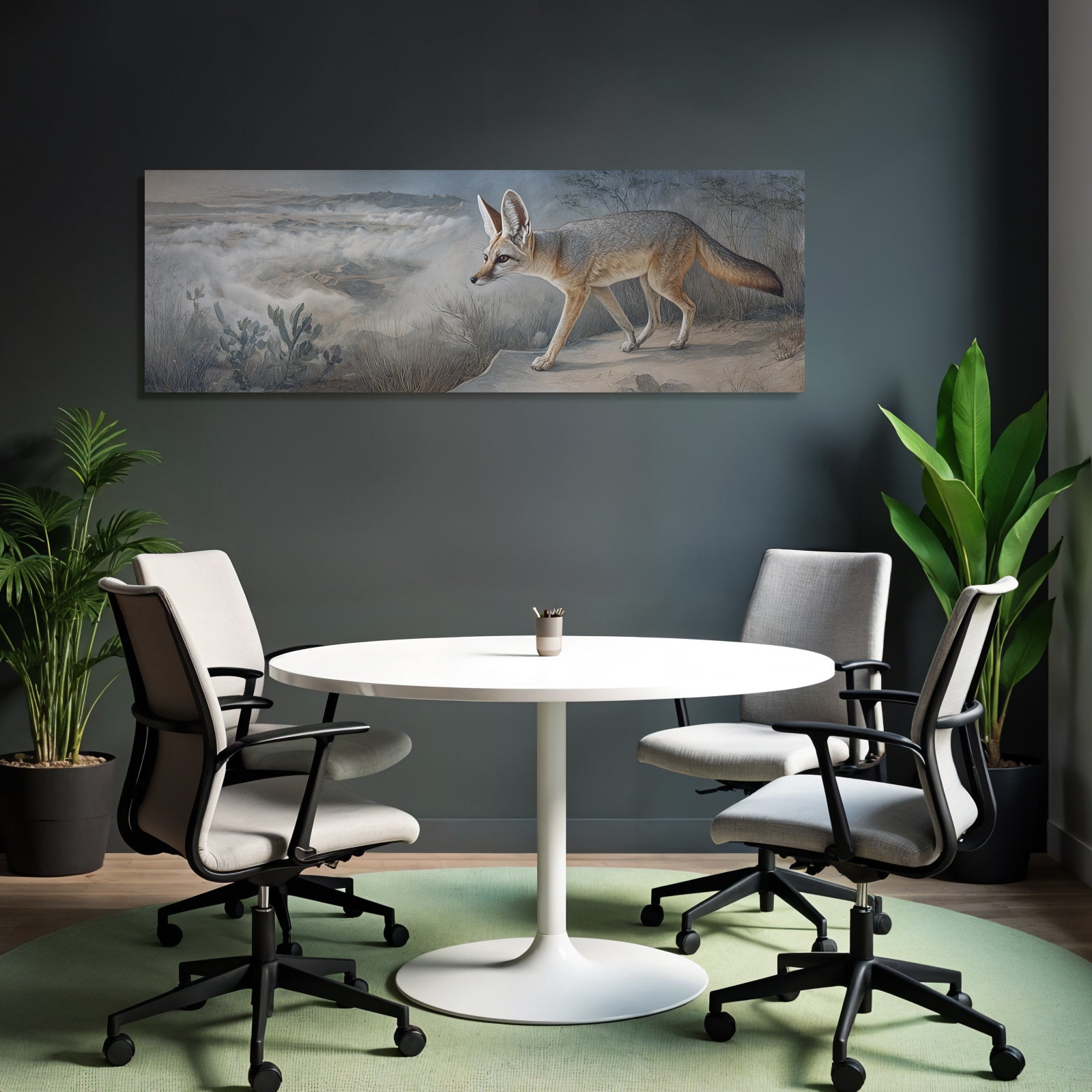 Fennec Fuchs Walking Im Steinigen Terrain Mit Nebliger Landschaft
