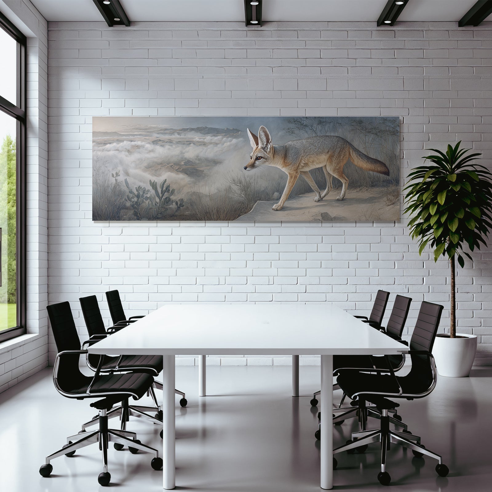 Fennec Fuchs Walking Im Steinigen Terrain Mit Nebliger Landschaft