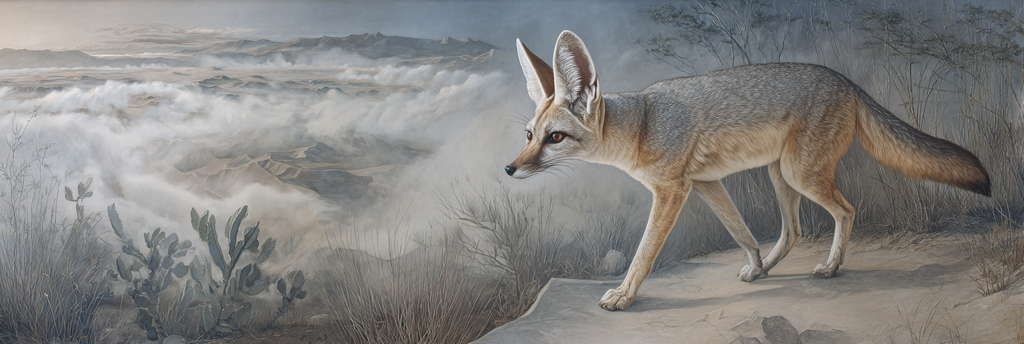 Fennec Fuchs Walking Im Steinigen Terrain Mit Nebliger Landschaft | Safari und Wildtiere | Tiere