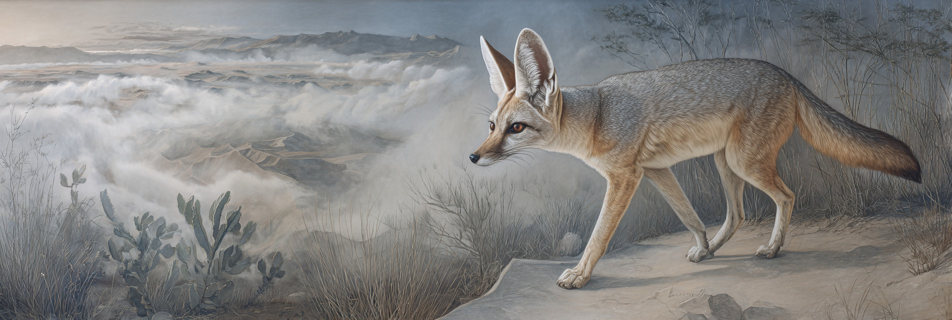 Fennec Fuchs Walking Im Steinigen Terrain Mit Nebliger Landschaft | Safari und Wildtiere | Tiere