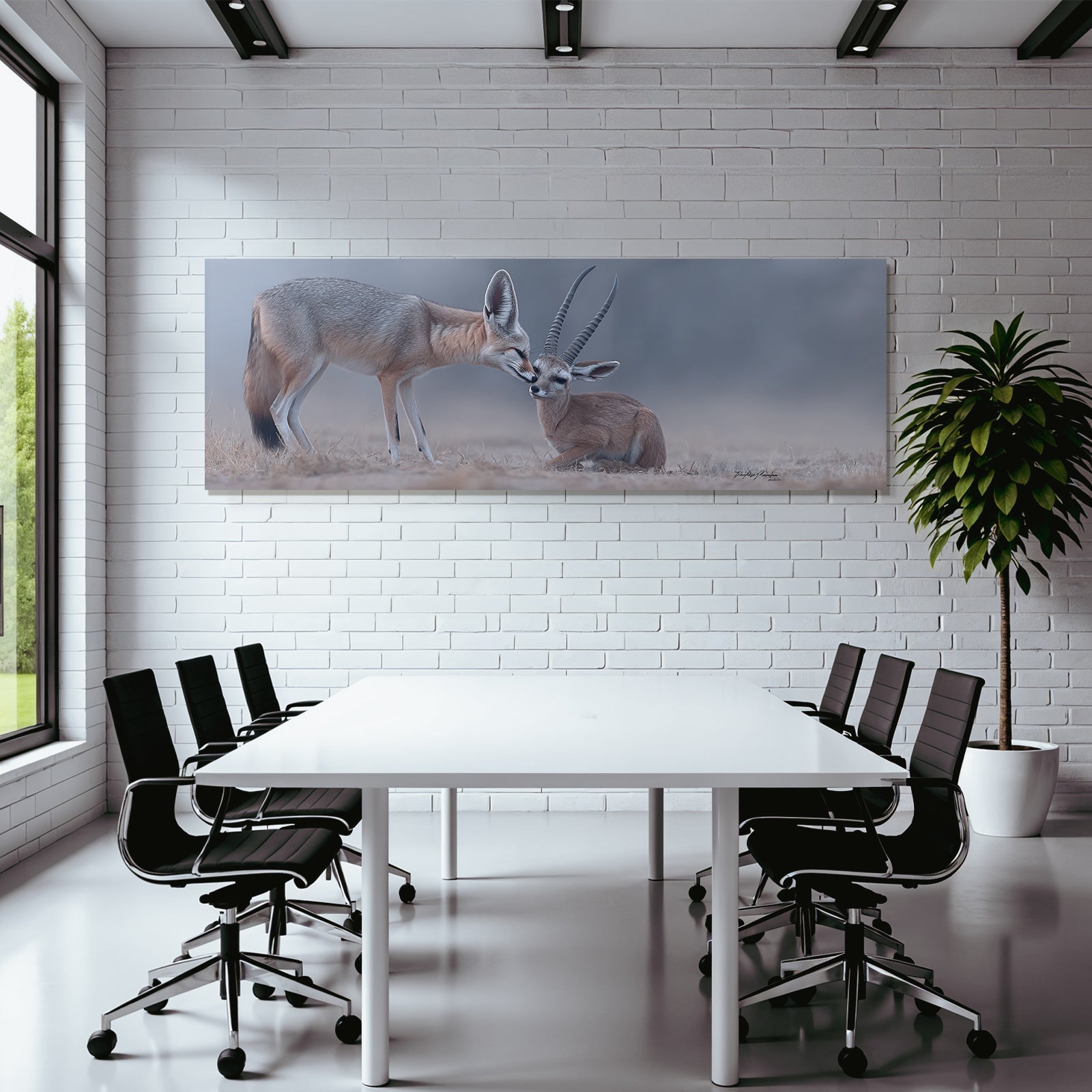 Fennekschleichkatze Und Junge Gazelle Nuzzling In Natur Serde Atmosphere